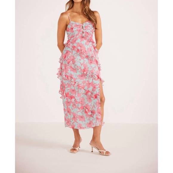 NEW MINKPINK auretta ruffle midi dress in pink floral - Picture 1 of 4